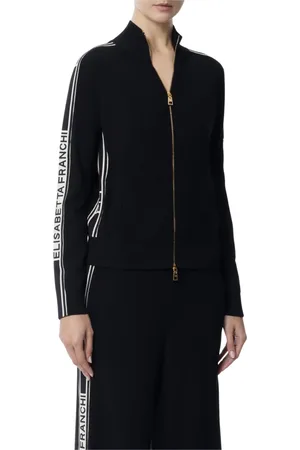 Elisabetta Franchi Truien, Dames, Zwart, L, Graphic Zip Cardigan Sweaters