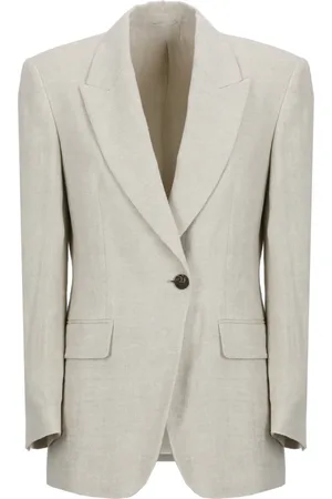 Brunello Cucinelli Jassen, Dames, , M, Linnen, Ivoor Linnen Blazer met Reverskraag