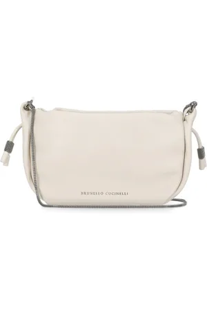 Brunello Cucinelli Tassen, Dames, , ONE Size, Leer, Ivoren Leren Schoudertas met Trekkoord