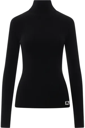 Burberry Truien, Dames, Zwart, L, Wol, Geribbelde wollen coltrui met logo patch