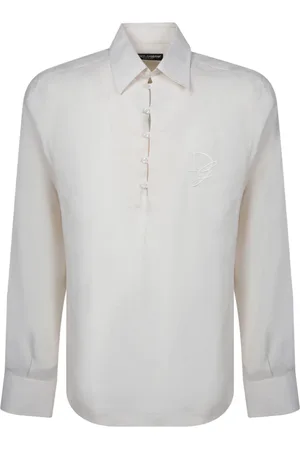 Dolce & Gabbana Overhemden, Heren, , L, Linnen, Wit linnen overhemd met geborduurd logo