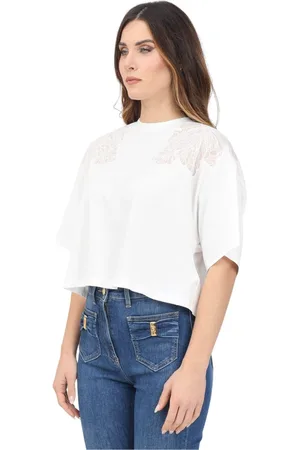 Elisabetta Franchi Blouses & Shirts, Dames, Wit, XS, Katoen, Moderne Cropped T-shirt met Bloemkanten Details