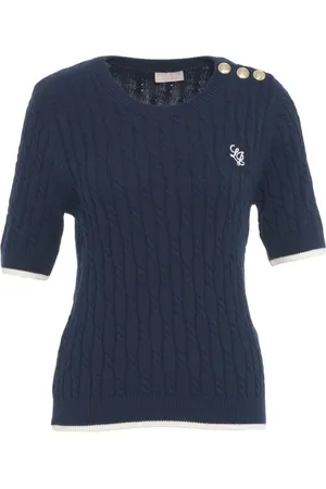 Liu Jo Truien, Dames, Blauw, S, Katoen, Blauwe Gebreide T-shirt met Stijlvolle Details