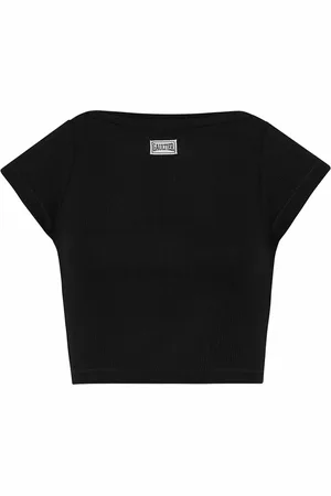 Jean Paul Gaultier Tops, Dames, Zwart, M, Katoen, Zwart Geribbeld Crop T-shirt Stijlvolle Patch