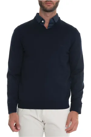 HUGO BOSS Truien, Heren, Blauw, M, Wol, Slim Fit wollen V-hals trui