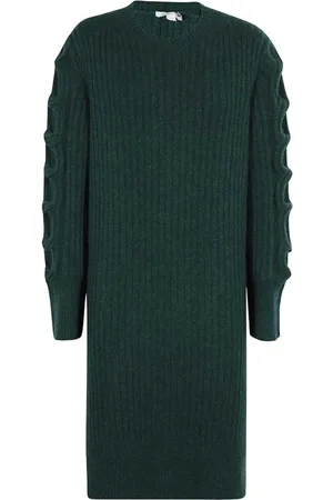 Stella McCartney Truien, Dames, Groen, S, Kasjmier, Geribbelde Kasjmier Trui met Ronde Hals en Zijsplitten