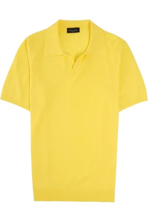 Roberto Collina Tops, Heren, Geel, M, Katoen, Gele V-hals Gebreide Polo Shirt