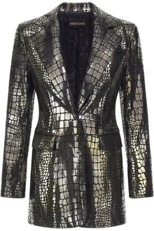 Roberto Cavalli Jassen, Dames, Grijs, L, Krokodileffect Blazer Zilver Vrouw