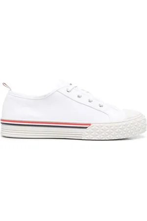 Thom Browne Schoenen, Heren, Wit, 42 EU, Katoen, Stripe-Trim Lace-Up Sneakers