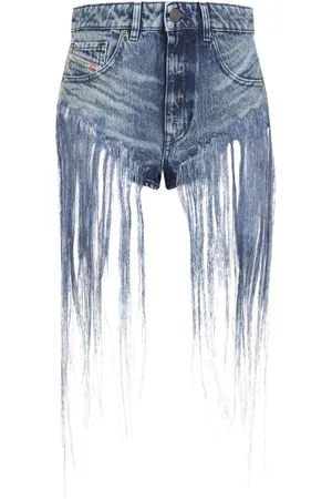 Diesel Korte broeken, Dames, Blauw, W26, Denim, Denim Shorts met Franjes