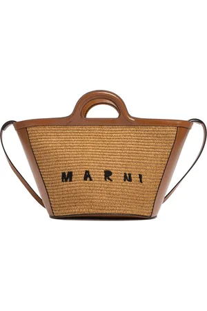 Marni Tassen, Dames, Bruin, ONE Size, Katoen, Bruine leren handtas met geweven panelen