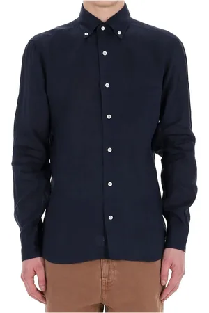 BARBA Overhemden, Heren, Blauw, M, Linnen, Blauw linnen overhemd met parelmoerknopen