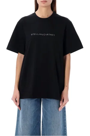 Stella McCartney Tops, Dames, Zwart, L, Katoen, Strass Logo T-shirt