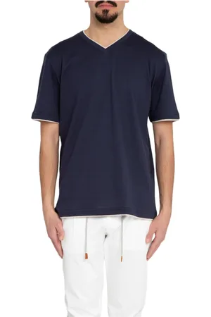 ELEVENTY Tops, Heren, Blauw, XL, Katoen, Giza Katoen V-Hals T-shirt
