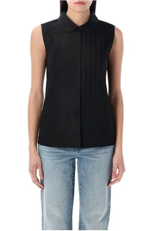 A.P.C. Blouses & Shirts, Dames, Zwart, M, Katoen, Zwarte mouwloze Peter Pan kraag shirt