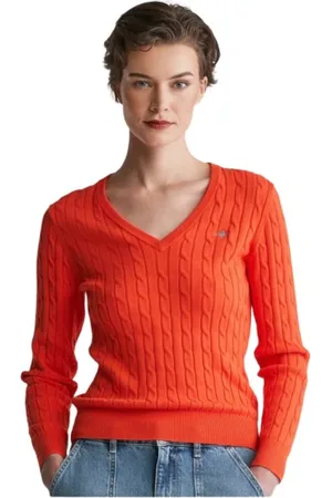 GANT Truien, Dames, Oranje, XS, Katoen, Gedraaide gebreide V-hals trui