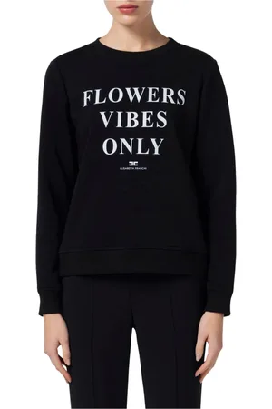 Elisabetta Franchi Truien, Dames, Zwart, L, Satijn, Sweatshirt met zwarte letterprint en satijnen banden