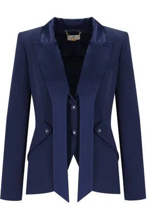 Elisabetta Franchi Jassen, Dames, Blauw, S, Satijn, Crepe Smoking Jacket met Satijnen Revers