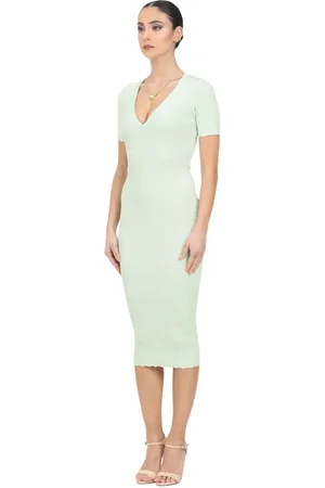 Elisabetta Franchi Kleedjes, Dames, Groen, XS, Mintgroene Midi Jurk Ribgebreide V-hals