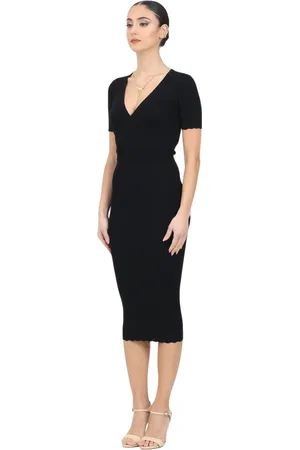 Elisabetta Franchi Kleedjes, Dames, Zwart, M, Midi Zwarte Jurk Ribgebreide V-Hals