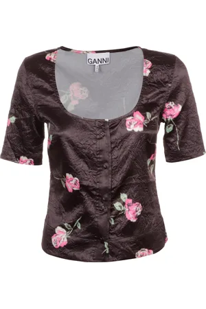 Ganni Blouses & Shirts, Dames, Zwart, L, Polyester, Crinkled Satin U-Neck Blouse