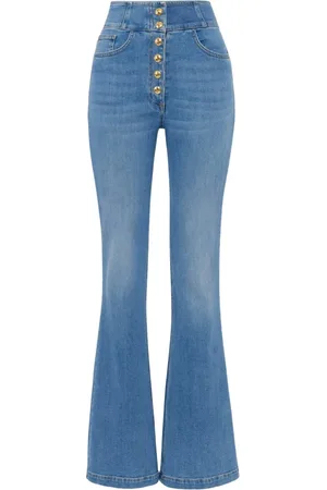 Elisabetta Franchi Jeans, Dames, Blauw, W29, Katoen, High-waist jeans met logo knopen