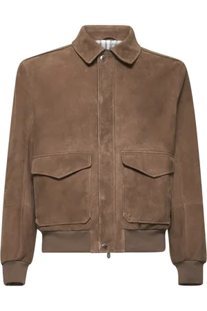 Brunello Cucinelli Jassen, Heren, Bruin, 2Xl, Leer, Kameel Leren Jas met Overhemdkraag
