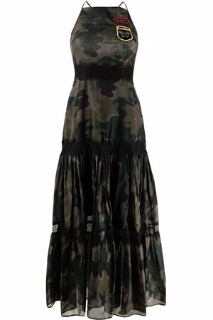 ERMANNO SCERVINO Kleedjes, Dames, Zwart, S, Maxi-jurk met militaire print