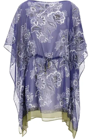 Etro Jassen, Dames, Blauw, ONE Size, Leer, Bloemen Caftan Jurk met Trekkoord in de Taille