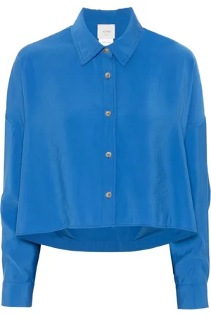 ALYSI Blouses & Shirts, Dames, Blauw, M, Blauwe Geknoopte Drop Shoulder Overhemd