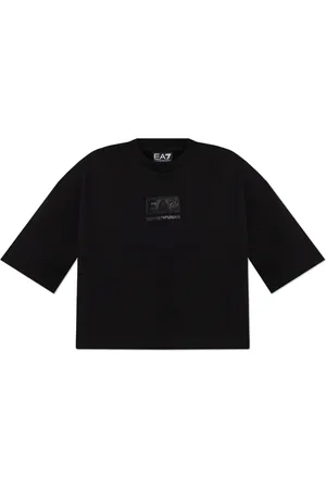 EA7 Tops, Dames, Zwart, S, Katoen, Logo Series cropped T-shirt van katoenmix