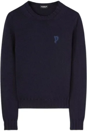 Dondup Truien, Dames, Blauw, M, Wol, Wollen trui met ronde hals en patch