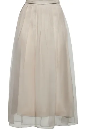 Brunello Cucinelli Rokken, Dames, , M, Witte Zijden Midi Rok met Monili Borduursel