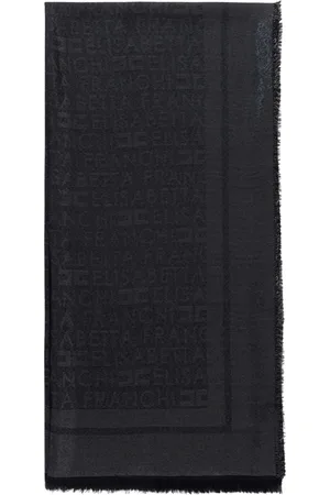Elisabetta Franchi Accessoires, Dames, Zwart, ONE Size, Polyester, Zwarte Sjaal met Logo-patroon en Rafelranden