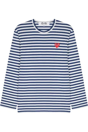 Comme des Garçons Tops, Dames, Blauw, L, Katoen, Blauw Gestreept T-shirt met Hart Patch