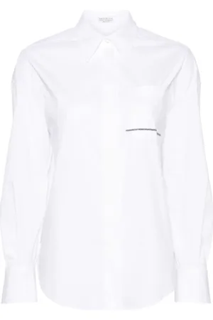 Brunello Cucinelli Blouses & Shirts, Dames, Wit, M, Katoen, Witte poplin blouse met Monili-ketting