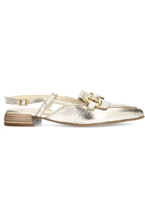 Manfield Schoenen, Dames, Geel, 41 EU, Gouden leren slingbacks met bandjes