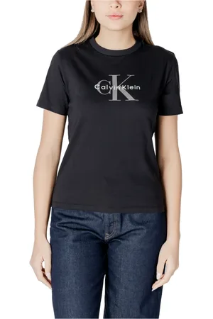 Calvin Klein Tops, Dames, Zwart, S, Katoen, Zwart Bedrukt Ronde Hals T-shirt