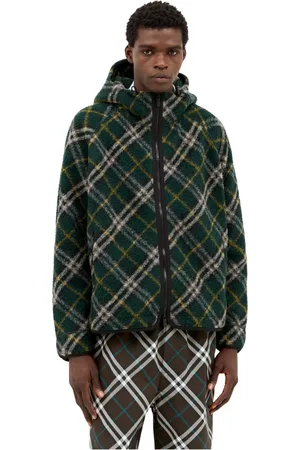 Burberry Jassen, Heren, Groen, S, Wol, Geruite Fleece Jas met Capuchon
