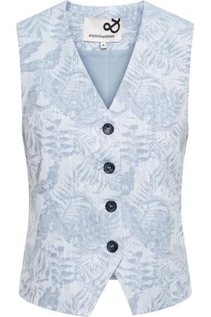 &Co Woman Jassen, Dames, Blauw, XS, Katoen, Blauw Jacquard Gilet met V-hals