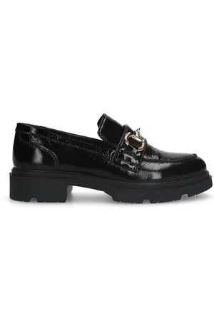 Manfield Schoenen, Dames, Zwart, 40 EU, Zwarte lakleren loafers met gouden ketting