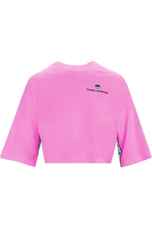 Chiara Ferragni Tops, Dames, Roze, S, Katoen, Geborduurde Logo Cropped T-shirt