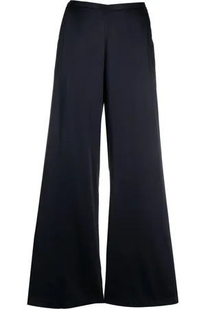 FORTE FORTE Broeken, Dames, Blauw, M, Satijn, Elegante Zijden Broek met Hoge Taille