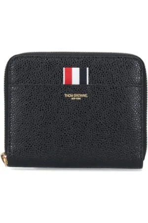 Thom Browne Accessoires, Dames, Zwart, ONE Size, Leer, Three Stripes Pebble Grain Zipper Round Half Wallet
