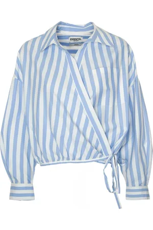 Essentiel Antwerp Blouses & Shirts, Dames, Blauw, L, Katoen, Gestreepte wikkelblouse met V-hals