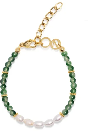 Nialaya Accessoires, Dames, Geel, M, Kralenarmband met Parel en Oceaan Gras Agaat
