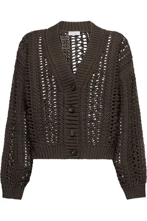 Brunello Cucinelli Truien, Dames, Bruin, M, Katoen, V-hals trui met ribdetails