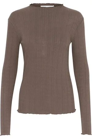 Karen by Simonsen Tops, Dames, Bruin, L, Gerimpeld T-shirt met lange mouwen