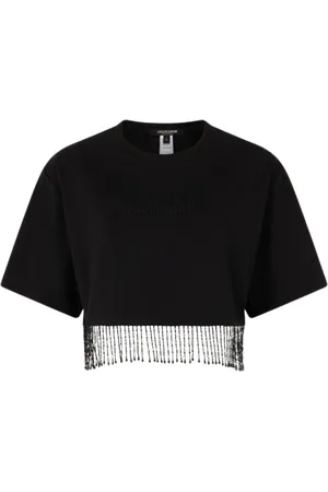 Roberto Cavalli Tops, Dames, Zwart, S, Katoen, Fringed Cotton Crop Top