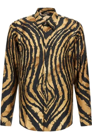 Roberto Cavalli Overhemden, Heren, Veelkleurig, L, Bruine Freedom Print Shirt Gemaakt in Italië